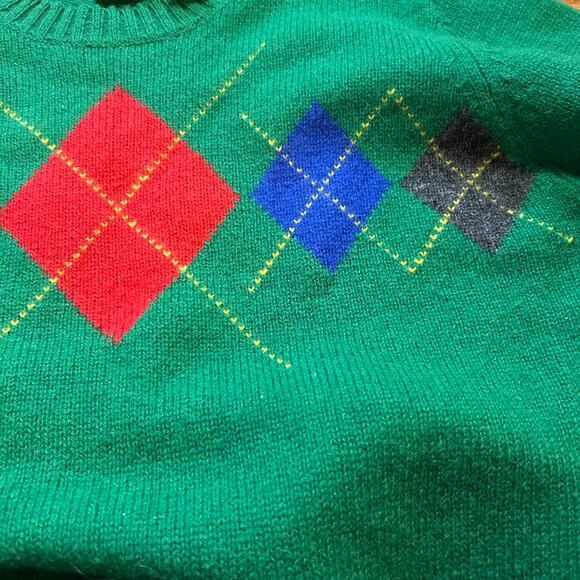 Vintage Green Argyle Crewneck Sweater Size Small 100% Shetland Wool Pullover - Picture 2 of 5